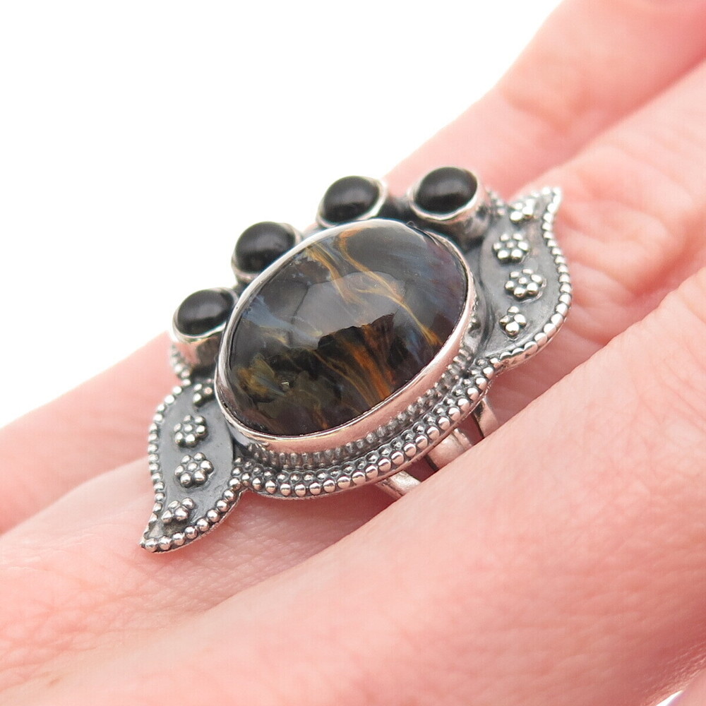 925 Sterling Silver Vintage Real Black Tiger Eye & Onyx Modernist Ring Size 6.25 - Picture 2 of 8